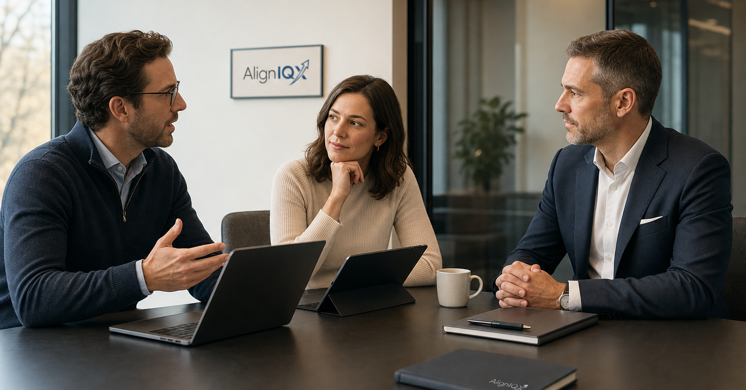 A diverse group of sales and marketing professionals engaged in a focused meeting around a sleek conference table, lapto