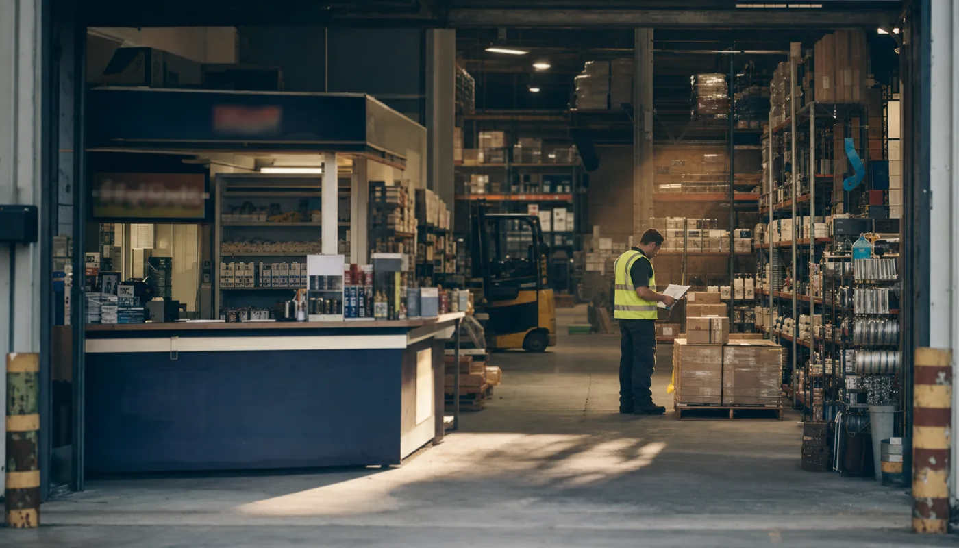 An industrial supplies trade counter seen through an open roller door, with warehouse racking and a forklift behind